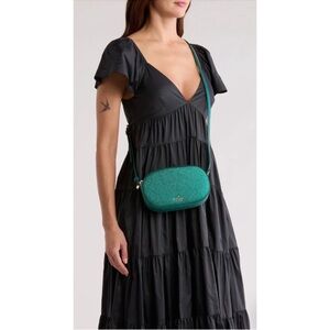 KATE SPADE NWT Glimmer Glitter Oval Camera Crossbody Bag Festive Teal